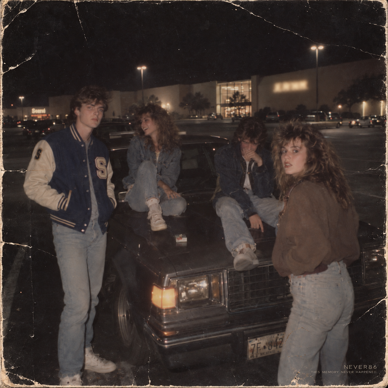 Four young people gathered around a car outside a shopping mall at night. The photograph is creased and worn at the edges.